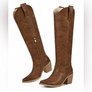 WETKISS Brown Embroidered Western Knee High Block Heel Boots Women Size 8